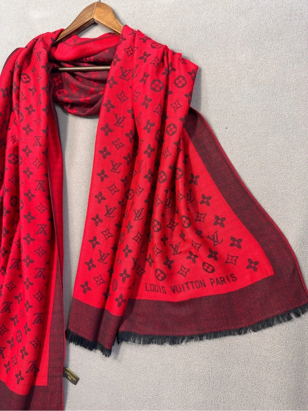 Authentic Louis Vuitton Red and Black Monogram Silk Shawl Scarf, Made in Italy